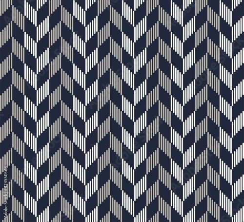 Vector modern herringbone or chevron pattern from small line shape with blue and grey color seamless background. Use for fabric, textile, cover, wrapping, decoration elements.