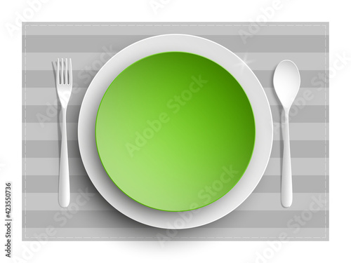 Plate, spoon and fork isolated on napkin background. Canteen icon. dining room badge. buffet icon. Here you can eat picture. Fast food restaurant badge. illustration