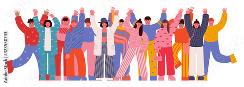 Crowd of happy young people, hello gesture, hands up, laughing and waving, men and women greet, vector illustration isolated on white background