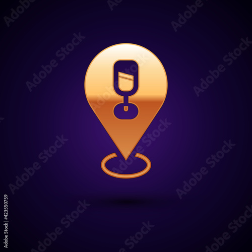 Gold Alcohol or beer bar location icon isolated on black background. Symbol of drinking, pub, club, bar. Vector