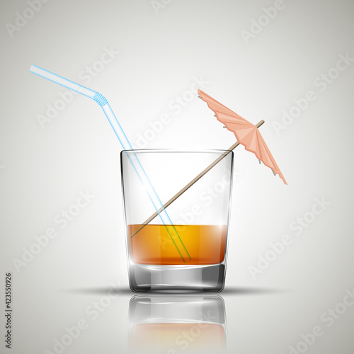 Glass cold drink alcohol & straw. Bright soda & umbrella. A glass of lemonade or fruit juice with umbrella. Cold iced tea. Bar with a glass of cocktail fizzy water with straw