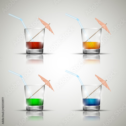 Glass cold drink alcohol & straw. Bright soda & umbrella. A glass of lemonade or fruit juice with umbrella. Cold iced tea. Bar with a glass of cocktail fizzy water with straw