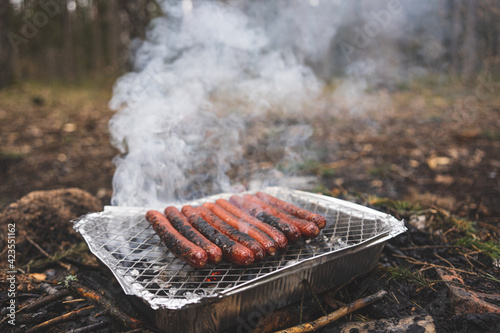 Grilling sausages on disposable instant grill. Grilling pickniking in nature surrouned by forest trees and pines photo