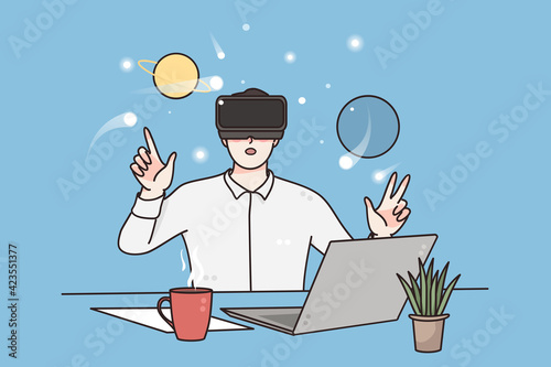 Virtual reality, science and technology concept. Young man wearing virtual reality headset sitting and working on project in computer class vector illustration 
