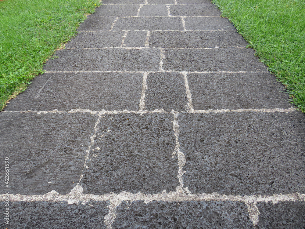Perspective view of path of stone brick pavement, gravel and cement. Stepping stone in the grass. Cement paths and garden path pattern. Detail of a garden with stone floor in tropical park. Antilles..