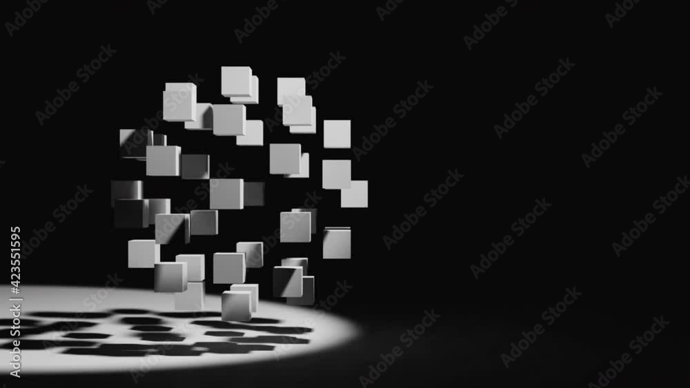 Abstract background of cubes. Black and white. Light and shadows. Looped screen saver. 4k. HD