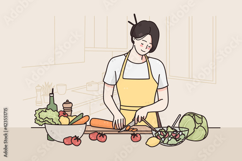 Healthy diet and lifestyle concept. Young smiling female cartoon character in apron standing in kitchen and cutting vegetables making healthy fresh salad for lunch vector illustration 