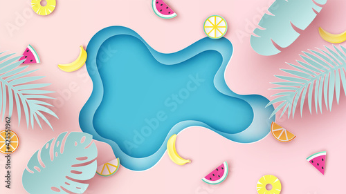 Aerial view of sea beach in summer with tropical leaves and tropical fruit on sand beach. Tropical background. paper cut and craft style. vector, illustration.