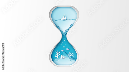 Illustration of sea landscape inside the hourglass. Hourglass design for sea in Summer. Sea inside hourglass. paper cut and craft style. vector, illustration.