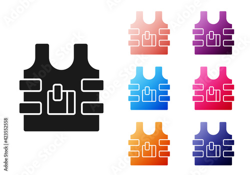 Black Bulletproof vest for protection from bullets icon isolated on white background. Body armor sign. Military clothing. Set icons colorful. Vector