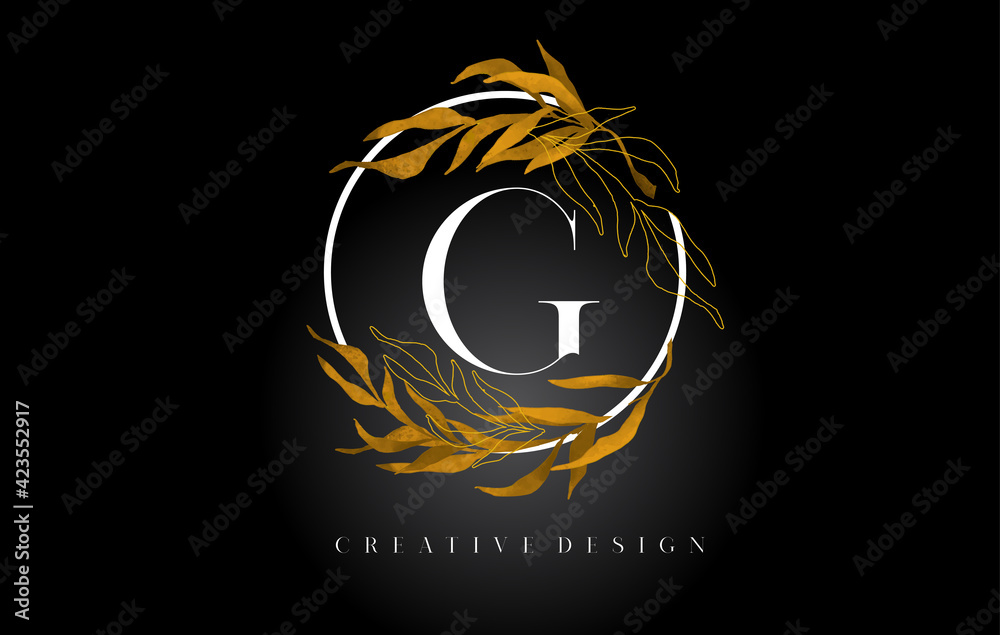 Golden Leaf Letter G Logo Design With Gold leafs and Simple Elegant Serif Letter Golden Leaf Letter G Logo Design With Gold leafs and Simple Elegant Serif Letter