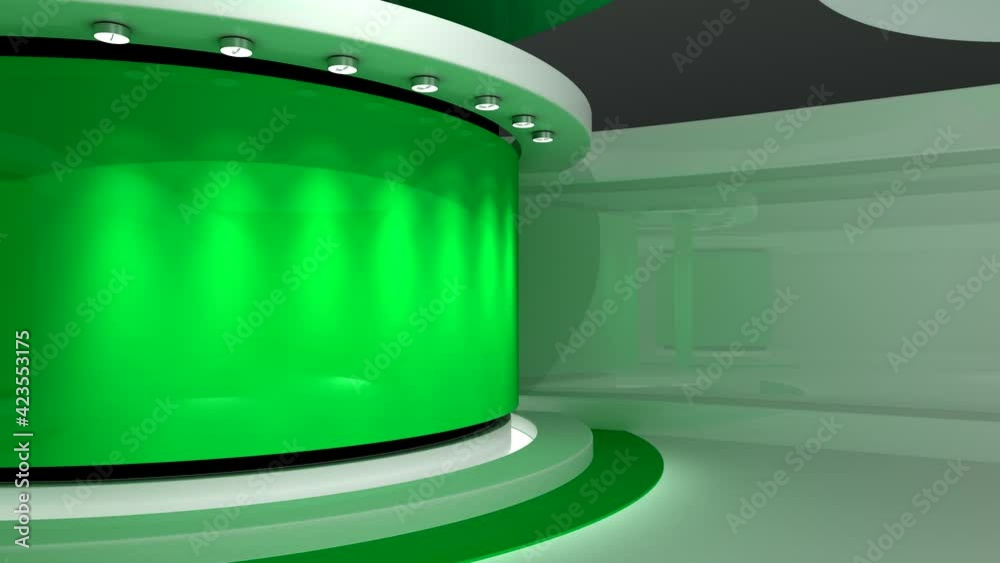 TV studio. Green studio. Green background. News studio. The perfect backdrop for any green screen or chroma key video or photo production. 3d render. 3d
