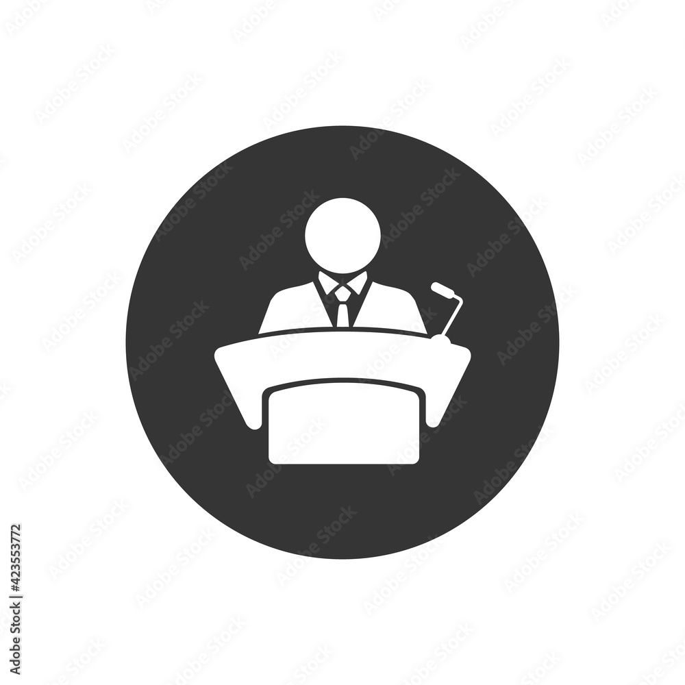 Man in conference suit on podium, tribune white icon. Speech by people leader, businessman, head, teacher Man in conference suit on podium, tribune white icon. Speech by people leader, businessman, head, teacher