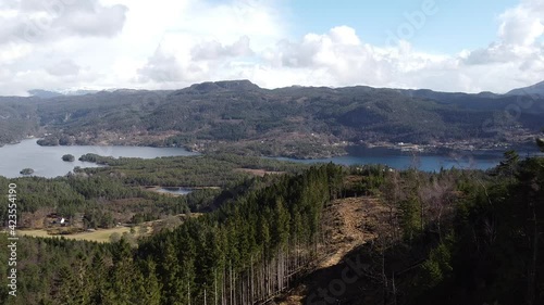 Drone Aerial View of Mountain and Fjord channels in Haugsland Norway photo