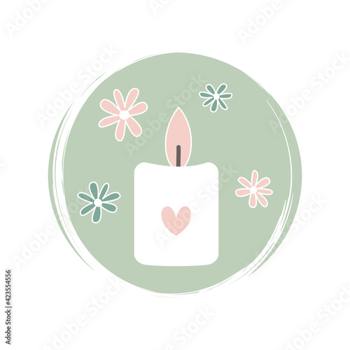 Cute logo or icon vector with romantic aroma candle with daisy flowers on circle with brush texture, for social media story and highlights