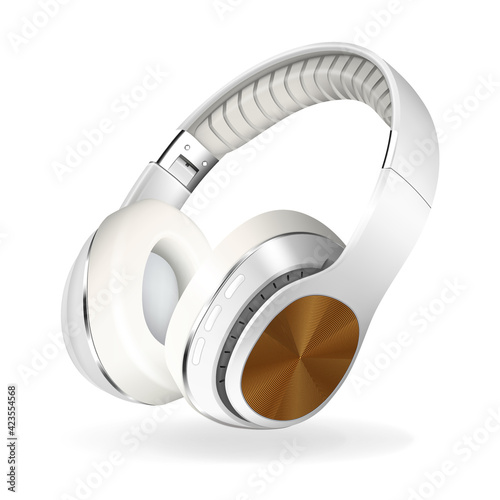 White and brown headphones isolated on white background, realistic vector illustration.