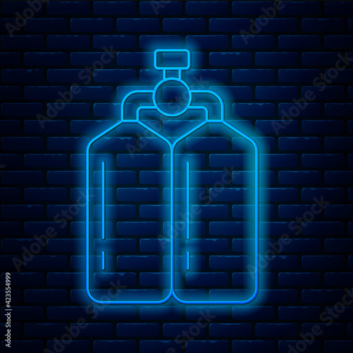 Glowing neon line Aqualung icon isolated on brick wall background. Oxygen tank for diver. Diving equipment. Extreme sport. Diving underwater equipment. Vector