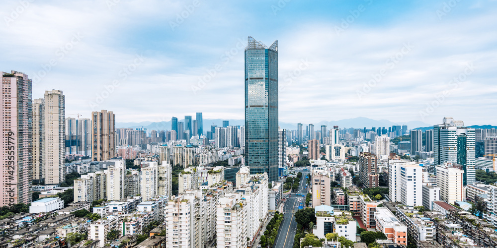 Naklejka premium Sunny scenery of Shimao International Center City, Fuzhou, Fujian, China