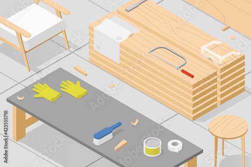 Isometric Woodworking Workshop Illustration
