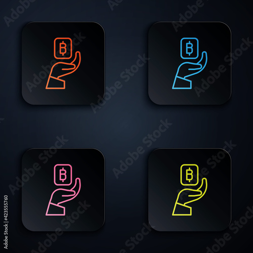 Color neon line Hand holding Bitcoin icon isolated on black background. Blockchain technology, digital money market, cryptocoin wallet. Set icons in square buttons. Vector