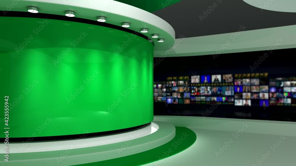 TV studio. Green studio. Green background. News studio. The perfect backdrop for any green screen or chroma key video or photo production. 3d render. 3d