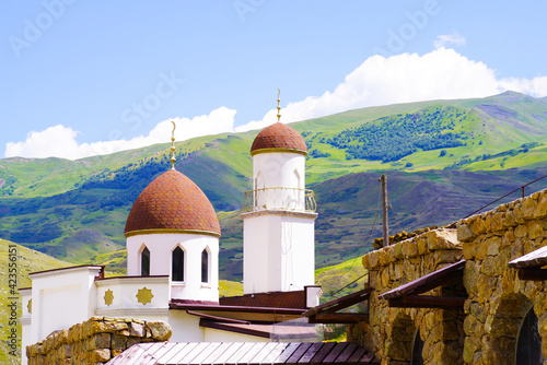 Snow-white mosque in the village of Eltyubyu in the valley of the Chegem river