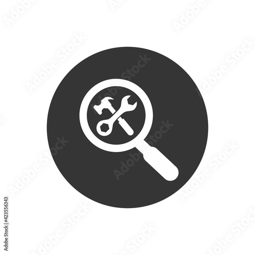 Search repair and maintenance car service station, vector white icon. Crossed tools symbol with magnifying glass. Vector isolated illustration