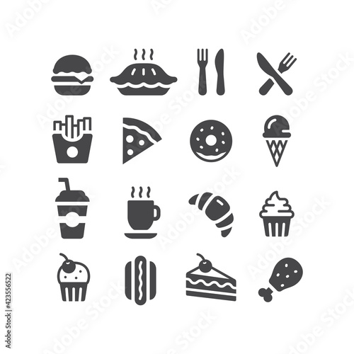 Fast food restaurant or diner vector icon set. Donut, burger, cake, soda black icons.