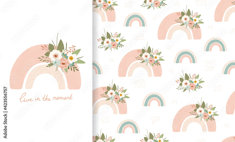 Set cute illustration and seamless pattern delicate spring rainbow with bouquet of flowers. Collection in hand drawn style in pastel colors for kids clothing, textiles, children's room design. Vector