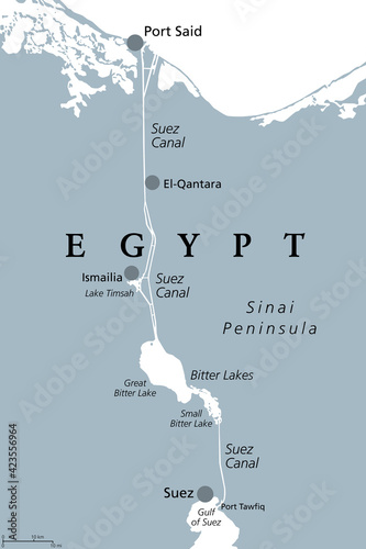 Suez Canal, gray political map. Artificial sea-level waterway in Egypt, connecting the Mediterranean Sea to the Red Sea, dividing Africa and Asia, extends from Port Said to Suez. Illustration. Vector.
