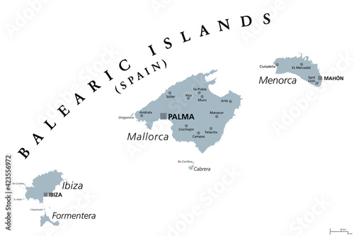 Balearic Islands, gray political map, with the main islands Mallorca, Ibiza, Menorca and Formentera. Archipelago of islands in Spain in Mediterranean Sea, near Iberian Peninsula. Illustration. Vector.
