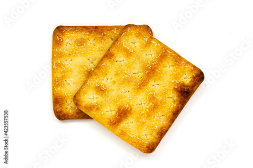 Top view of two crunchy cracker isolated on white background. 