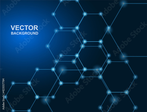 Communications or technology, science concepts. Plexus hexagon connections blue background. Vector.