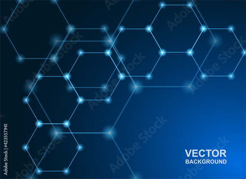Communications or technology, science concepts. Plexus hexagon connections blue background. Vector.