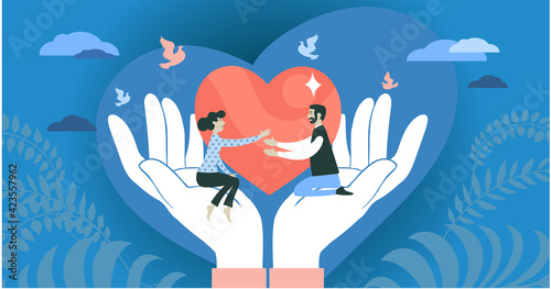 Vector illustration. The concept of social support, love, charity, protection and hope. People stretch out their hands to each other, sitting in abstract palms. Against the background of a big heart.