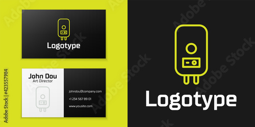 Logotype line Electric boiler for heating water icon isolated on black background. Logo design template element. Vector