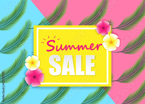 Summer sale background. Design with flower and palm on pastels paper. for layout template,banners,flyers,posters, brochure. Vector.