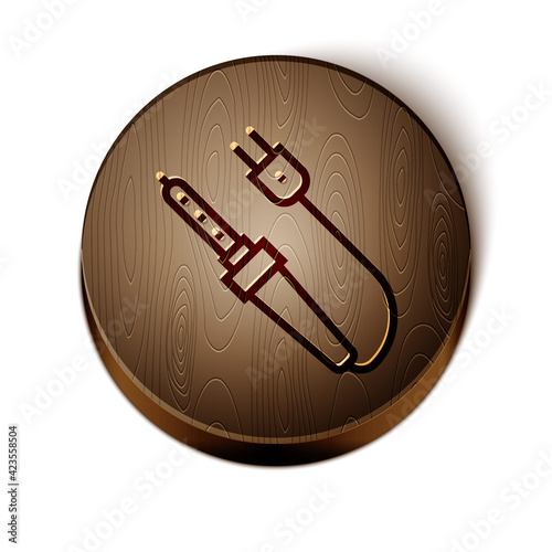 Brown line Soldering iron icon isolated on white background. Wooden circle button. Vector