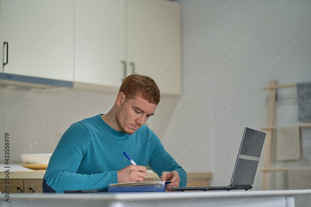 Entrepreneur man on the phone working with a laptop in the kitchen at home. freelancer is negotiating on a smartphone Entrepreneur man on the phone working with a laptop in the kitchen at home. freelancer is negotiating on a smartphone