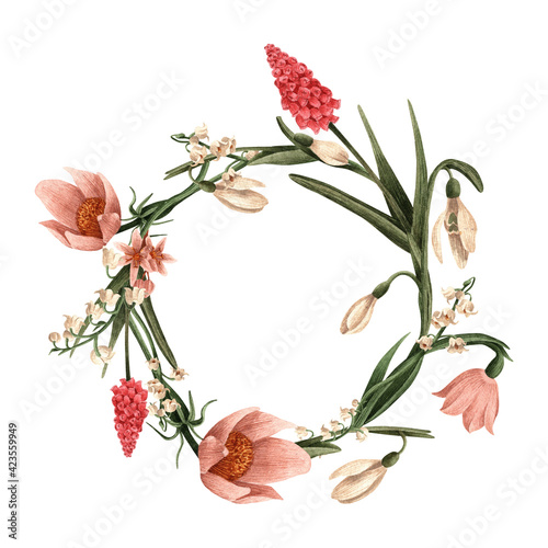 Frame with flowers. Watercolor illustration on white background isolated. Frame, an illustration for postcards, posters, textile design and other.