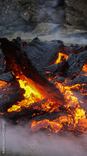 Lava flows from a small volcanic eruption in the Geldingardalur Valleys of Mt Fagradalsfjall, Southwest Iceland. The eruption occurred only about 30 km away from the capital of Reykjavík.