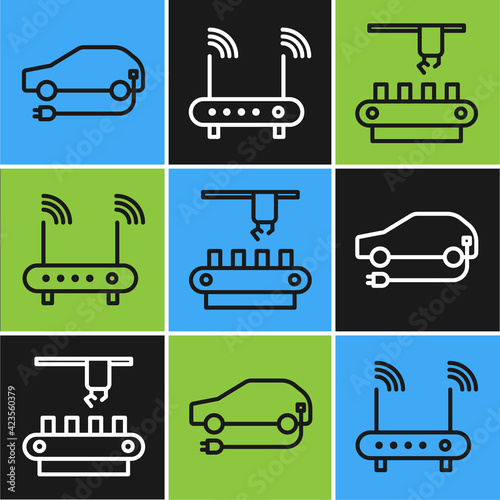 Set line Electric car, Factory conveyor system belt and Router and wi-fi signal icon. Vector