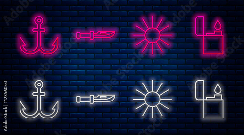 Set line Camping knife, Sun, Anchor and Lighter. Glowing neon icon on brick wall. Vector