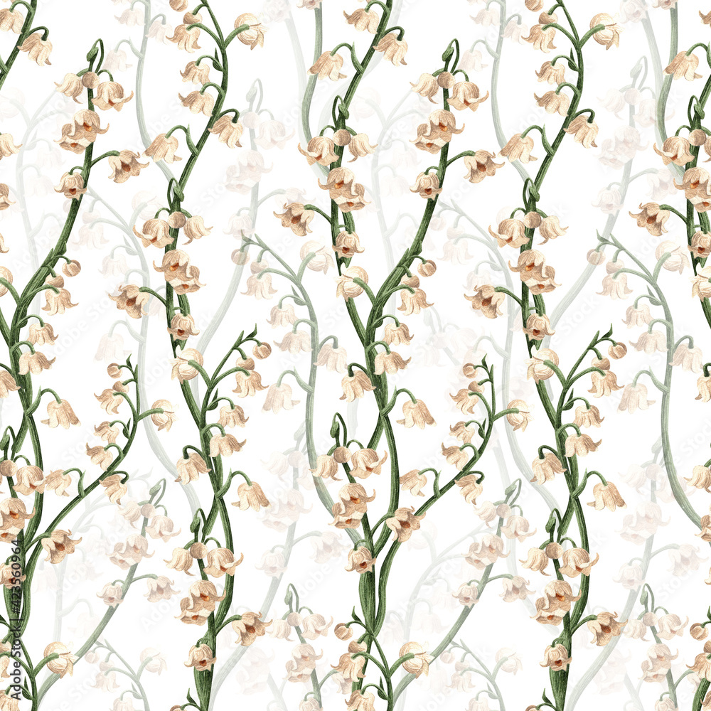 Pattern with branch and leaves. Natural theme. Watercolor isolated illustration on white background. Seamless pattern, an illustration for postcards, posters, textile design and other.