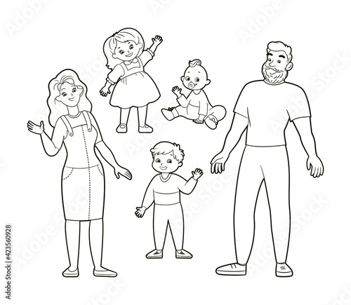 Family figurine set - father, mom, son, daughter and baby. Coloring book for children, Vector illustration in cartoon style, black and white isolated line art.