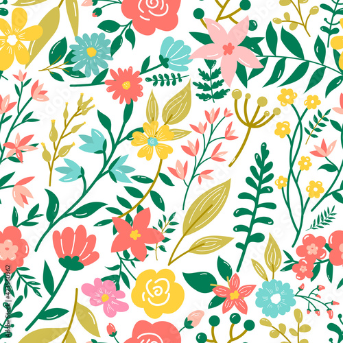 Vector floral pattern in doodle style with flowers and leaves. Gentle  spring floral background