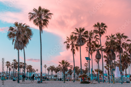 Venice Beach, California sunset with palm trees and buildings in pink and teal w Fototapeta