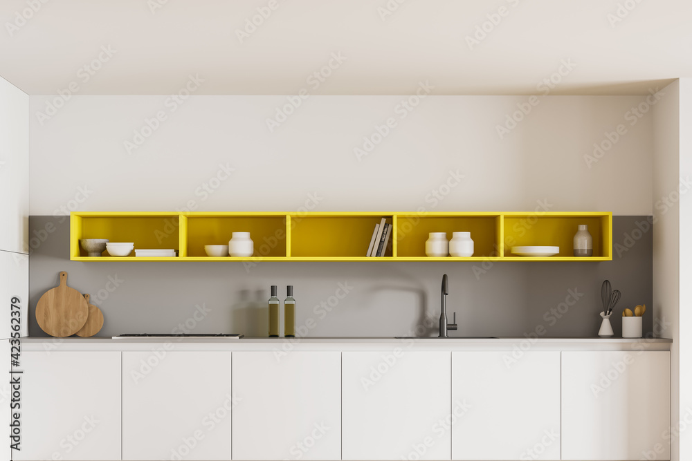 White kitchen set with shelves and kitchenware - obrazy, fototapety, plakaty 