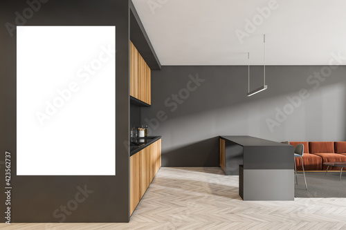 Grey and wooden kitchen interior with table and chairs, mockup poster