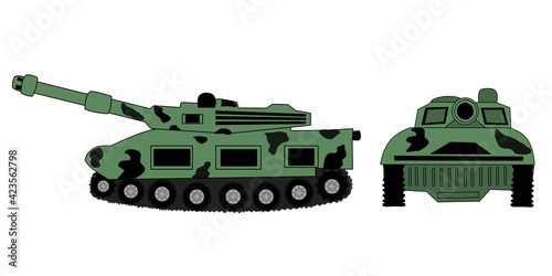 vector image of a toy tank on the side and front in green and black